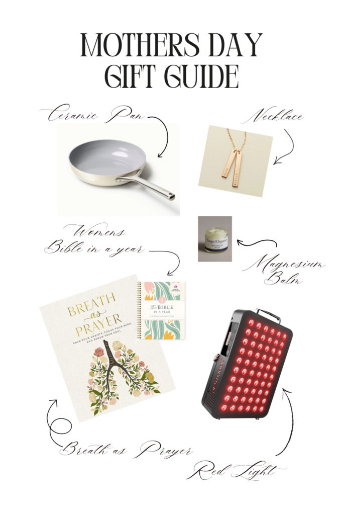 mothers day gift guide with pictures of a ceramic pan, a book, balm, and a necklace