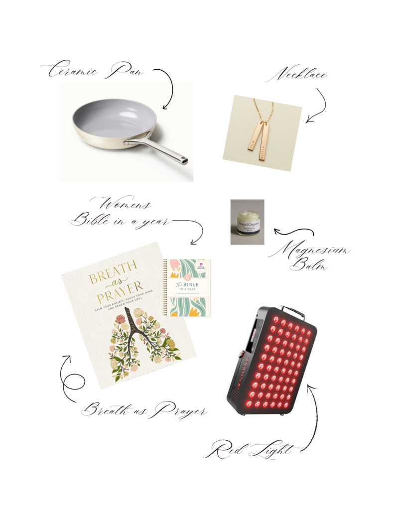 mothers day gift guide with pictures of a ceramic pan, a book, balm, and a necklace